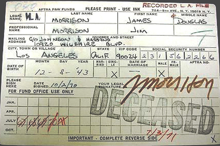 Death benefits card of The Doors singer Jim Morrison CREDIT: Photo: BNPS.co.uk